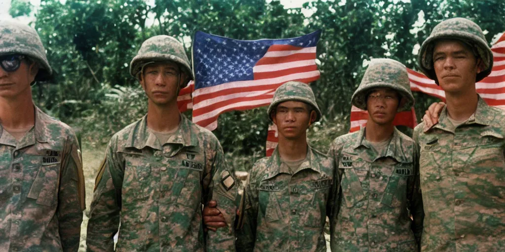 Image similar to u. s. soldiers in 1 9 6 9 in vietnam war, soldiers portrait closeup, face closeup, us flag, jungles in the background, coloured film photography, ken burns photography, lynn novick photography