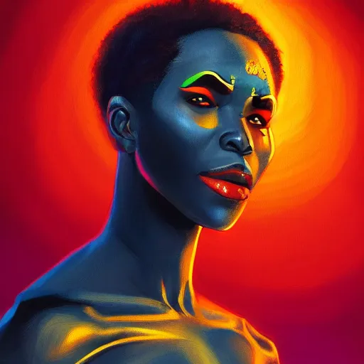 Prompt: Bright, colorful, realistic African-mythology rpg single individual headshot dramatic backlighting, kodachrome, high contrast, highly detailed, sharp focus, digital painting, concept art, illustration, trending on artstation, comic book by Alex Ross cover art