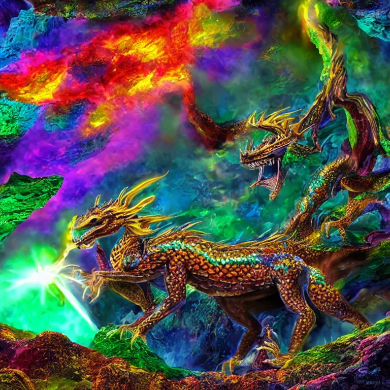 Image similar to a 3d artistic photo of a cave dragon blowing fire using its mouth to the sparkly colorful crystals in the cave