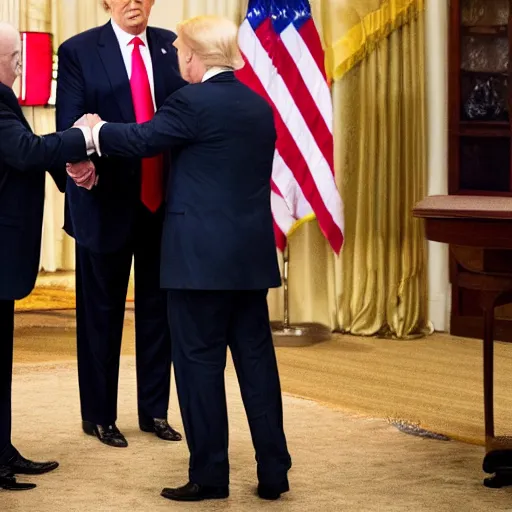 Prompt: photo of donald trump shaking joe bidens hand, gracefully accepting election results. conceding.