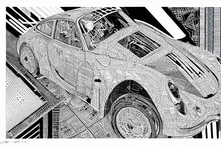 Image similar to a black and white drawing of a porsche 9 5 9 deconstructed schematic, a detailed mixed media collage by hiroki tsukuda and eduardo paolozzi and moebius, intricate linework, sketchbook psychedelic doodle comic drawing, geometric, street art, polycount, deconstructivism, matte drawing, academic art, constructivism