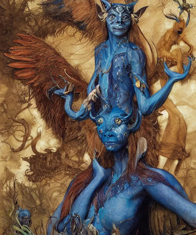 Image similar to a portrait photograph of a meditating fierce sadie sink as a colorful harpy antilope super villian with amphibian blue skin. her body is transformed into an alien beast. by donato giancola, hans holbein, walton ford, gaston bussiere, peter mohrbacher and brian froud. 8 k, cgsociety, fashion editorial