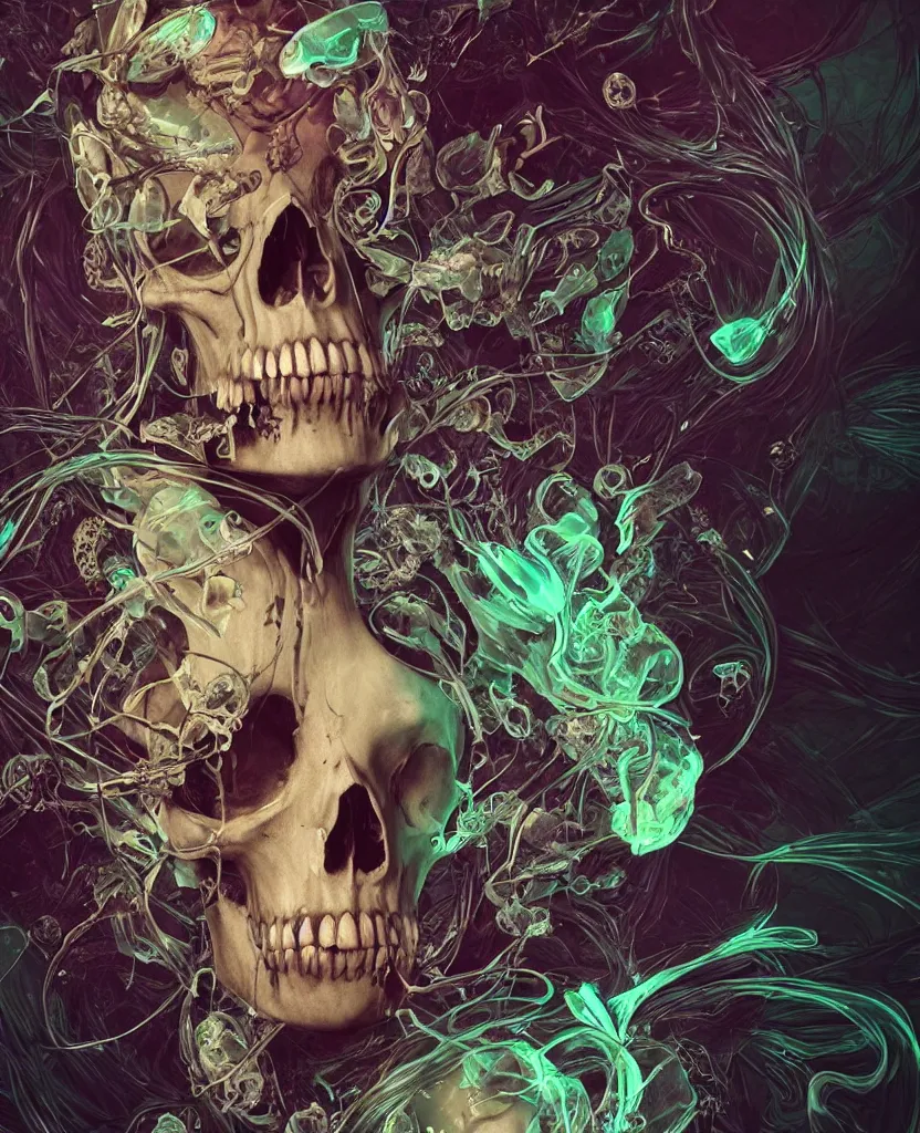 Image similar to close-up portrait goddess skull, thorax, x-ray, backbone, jellyfish phoenix head, nautilus, orchid, skull, betta fish, bioluminiscent creatures, dark deep background, intricate artwork by Tooth Wu and wlop and beeple. octane render, trending on artstation, greg rutkowski very coherent symmetrical artwork. cinematic, black and white, contrast, hyper realism, high detail, octane render, 8k