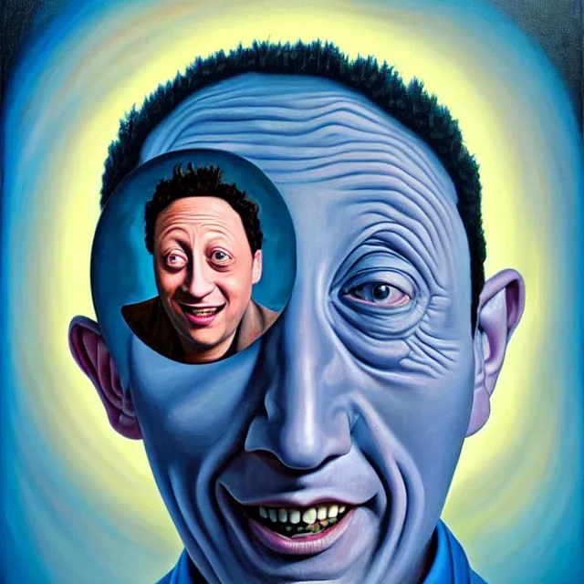 Prompt: an oil on canvas portrait painting of rob schneider, surrealism, surrealist, cosmic horror, rob gonsalves, high detail