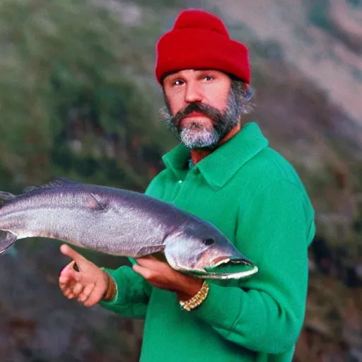 Image similar to photograph of steve zissou holding out a sardine for the loch ness monster, long shot