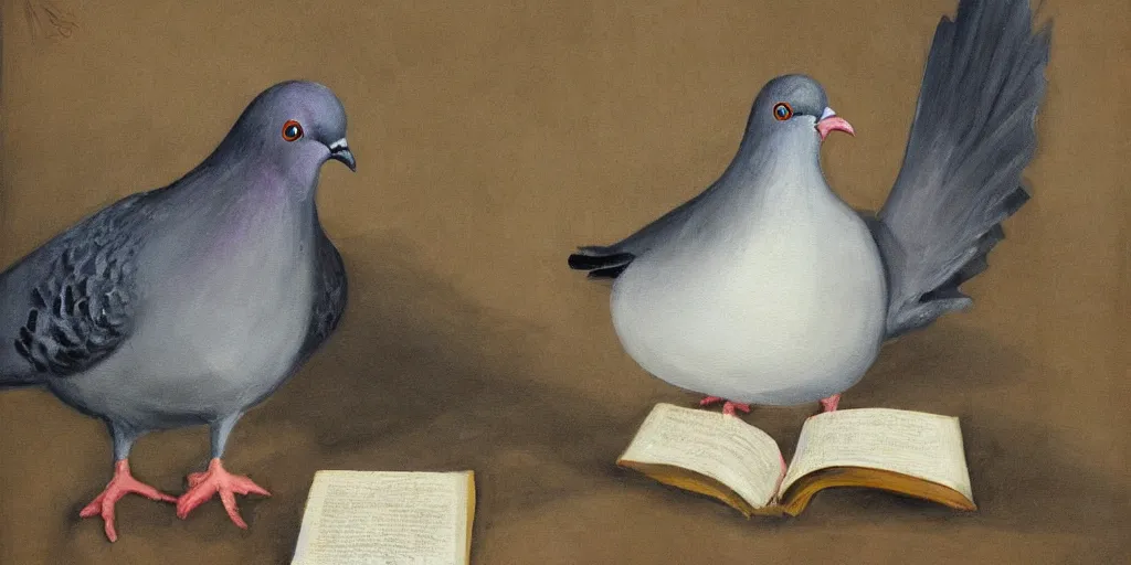 Prompt: detailed painting of a pigeon reading a book