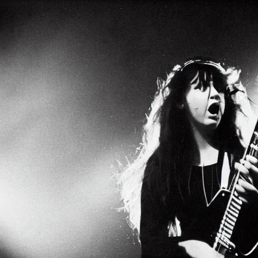 Prompt: 1 9 - year - old girl in a traditional doom metal band, live in concert, live 1 9 8 6, united kingdom flags, playing electric guitar, headbanging slowly, crowd of longhairs, super 8 mm