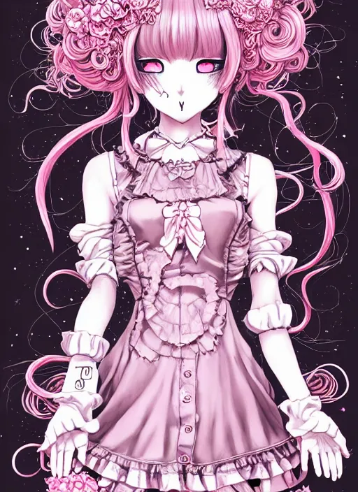 Image similar to dark fantastic manga character design of beautiful cat girl witch with a robot, pink curls hair, rococo dress, symmetrical face, cute, fairy, by mai yoneyama, takeshi obata, katsuhiro otomo, detailed background, illustration, artstation, concept art, highly detailed, colorful, maximalist