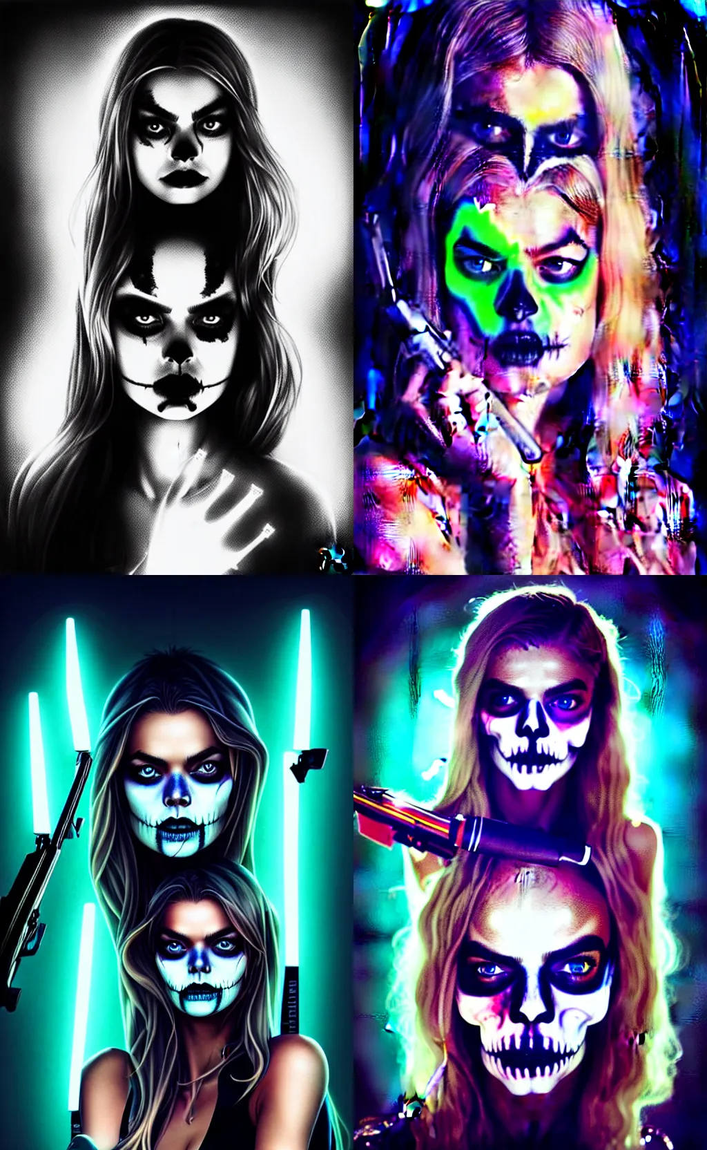 Prompt: in the style of artgerm, Samara Weaving with skull paint on her face, holding a shotgun, standing in a dark alley, night, neon