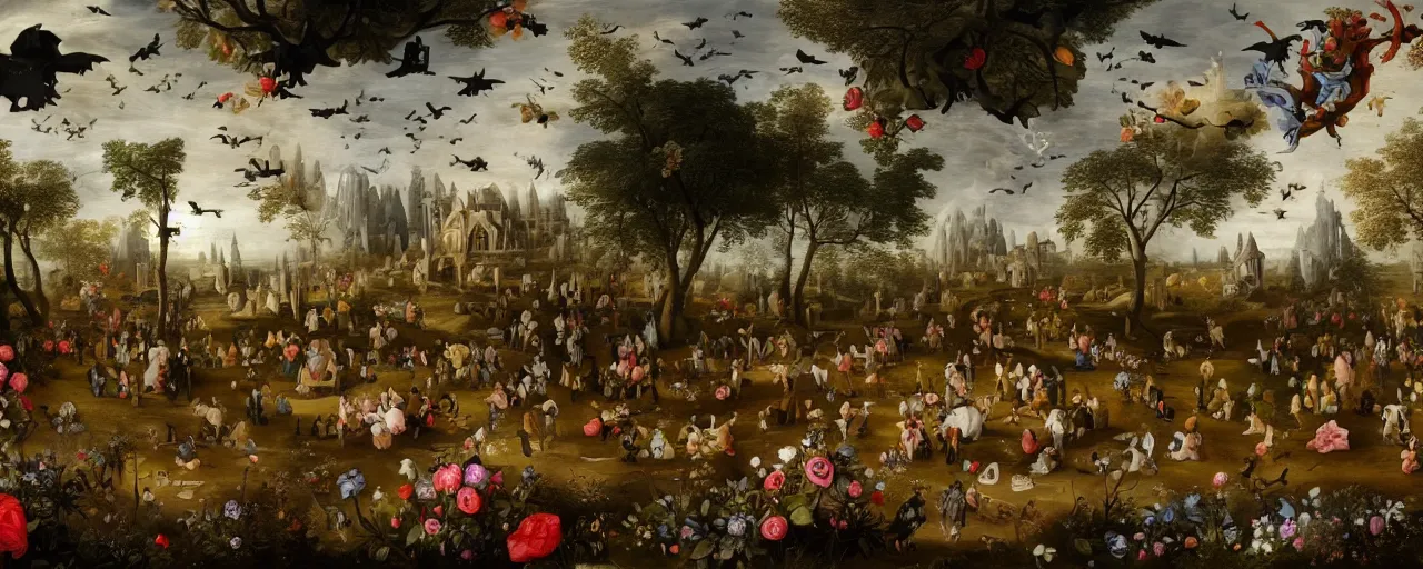 Prompt: 'Life from death' An aesthetic horror baroque landscape painting depicting 'A graveyard with plants and flowers growing, ghosts + bats and crows flying around' by Jan Brueghel the Elder, Trending on cgsociety artstation, 8k, masterpiece, cinematic lighting, vibrant colors.