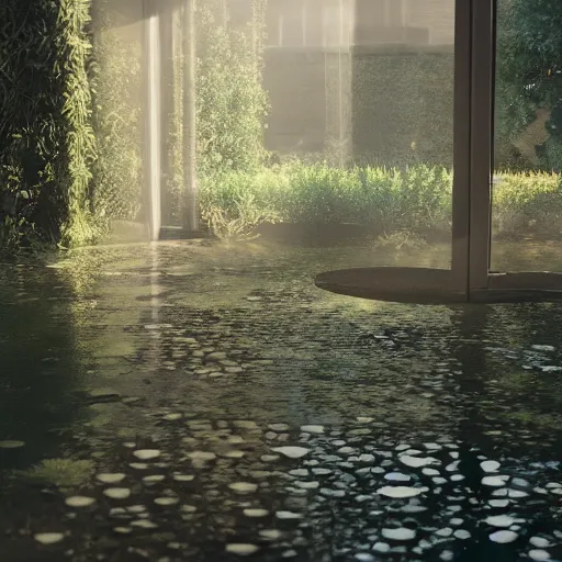 Prompt: a garden with a small pond inside an empty room, atmospheric lighting, octane render, unreal engine, 8 k