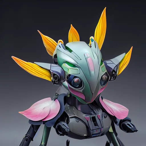 Prompt: futuristic nymphaea themed mecha waterlily upper body, flower sepals forming helmet, evangelion, nymphaea, 8 k hd resolution, barbatos gundam with floral inlay, bandai box art, star wars, makoto kobayashi, frank gehry, beeple, metal shaded