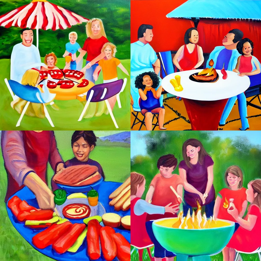 Prompt: a painting of a family BBQ, made using ketchup, bright colors