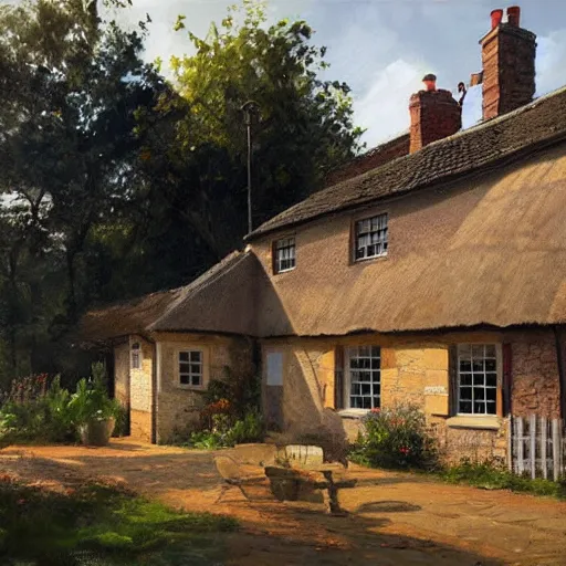 Image similar to Alex Ross and Sergio Bleda and Jérémy Petiqueux and Alex Maleev artwork of a 19th century english cottage