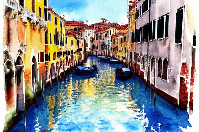 Prompt: !! watercolor!! venice in a sunny day, colorful high contrast,!! very coherent!!, dark shadow, thick lineart