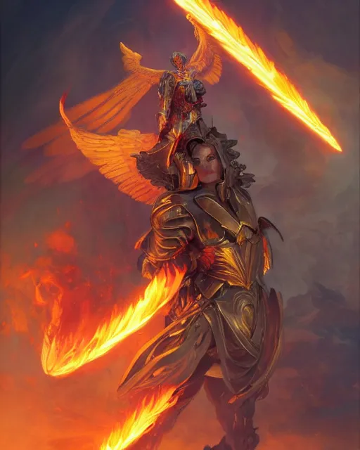 Prompt: character portrait of a powerful male angel of justice, with fiery golden wings, wearing shining armor, wielding a flaming sword, by peter mohrbacher, mark brooks, jim burns, marina abramovic, wadim kashin, greg rutkowski, trending on artstation