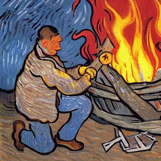 Image similar to painting of a man in hell making smores, bag of marshmallows, fire everywhere, by van gogh.