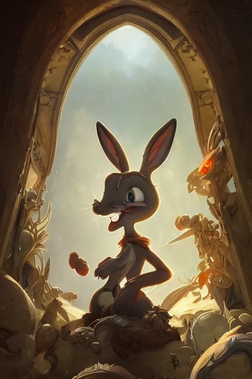 Prompt: cinematic stills of bugs bunny, deep focus, d & d, fantasy, intricate, elegant, highly detailed, digital painting, artstation, concept art, matte, sharp focus, illustration, hearthstone, art by artgerm and greg rutkowski and alphonse mucha