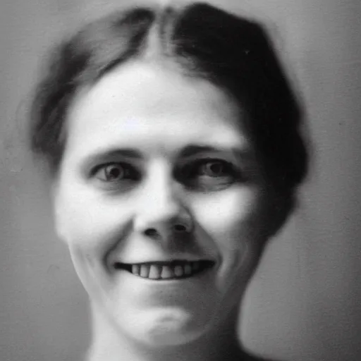 Image similar to disturbing frontal portrait of a woman with eyes on her cheeks, scary smile, monochrome photograph taken in 1910, grainy, film grain