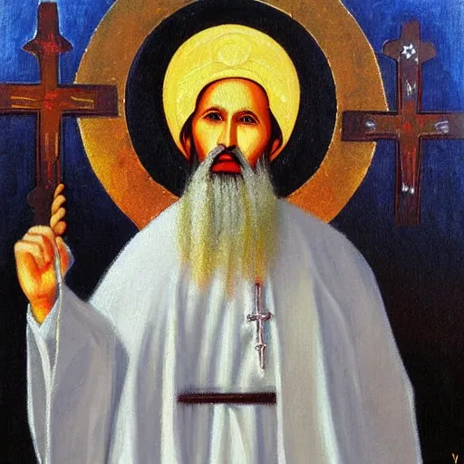 Prompt: habib rieziq shihab as saint with orthodox church styles painting,oil paint