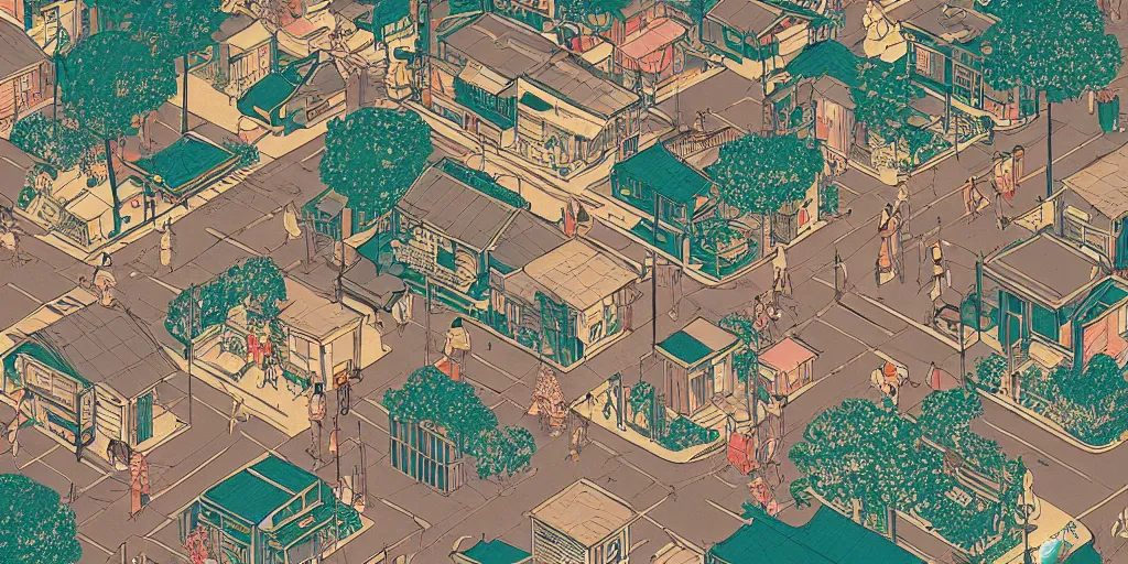Prompt: isometric view illustration of a rural japanese street corner, by Victo Ngai