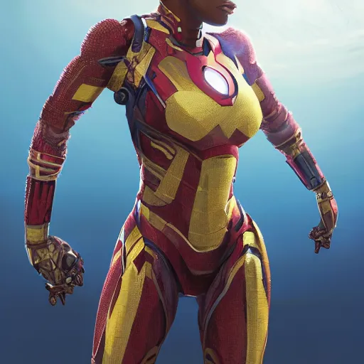 Image similar to highly detailed an african american woman in with the ironman random suit from the future gta v, stephen bliss, unreal engine, fantasy art by greg rutkowski, loish, rhads, ferdinand knab, makoto shinkai and lois van baarle, ilya kuvshinov, rossdraws, tom bagshaw, global illumination, radiant light, detailed and intricate environment