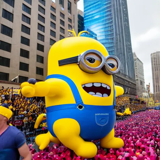 Image similar to photo of giant muscular minion parade float in the macys thanksgiving parade, detailed 4 k photo