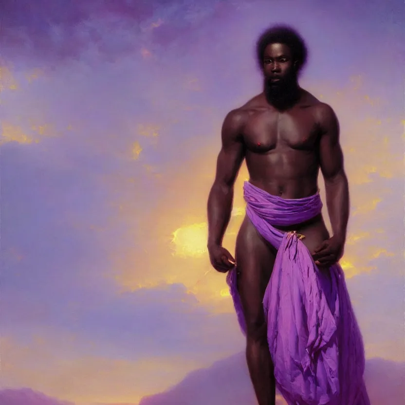 Image similar to handsome african god in a loincloth, posing against a royal purple backdrop by ivan aivazovsky, oil painting, beautiful soft lighting, saturated colours, artstation