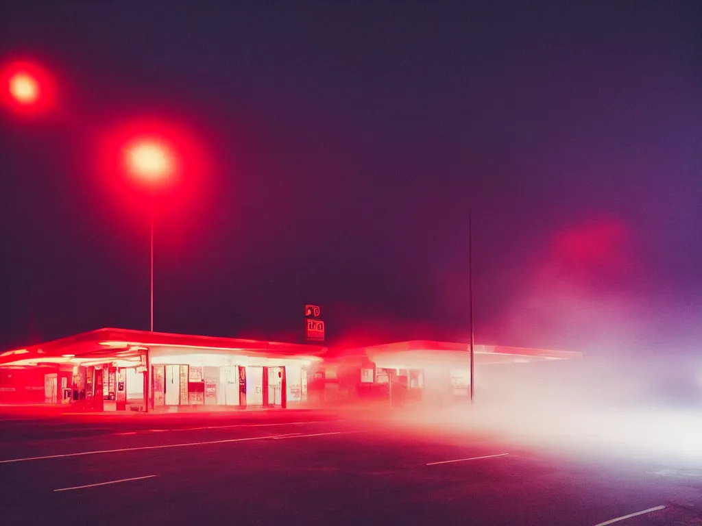 Prompt: “photography of gas station , fog, blue and red lights, night, mood, atmospheric, full of colour, digital photography”