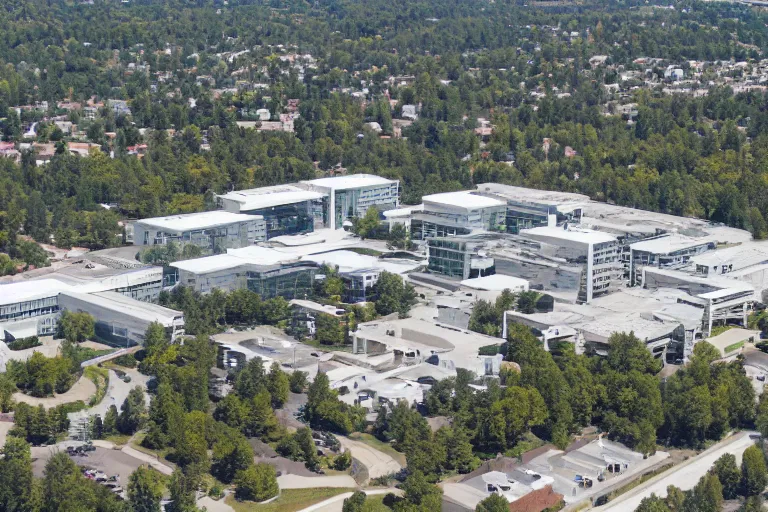 Image similar to aerial view of suburban office headquarters of a tech company