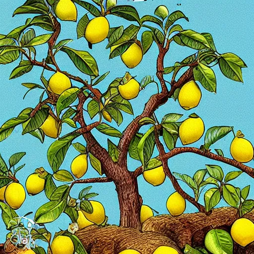 Prompt: a lemon tree full of many, many lemons. the scene is detailed and beautiful, and combines the style of michael foreman, gyo fujikawa, and jane clarke.