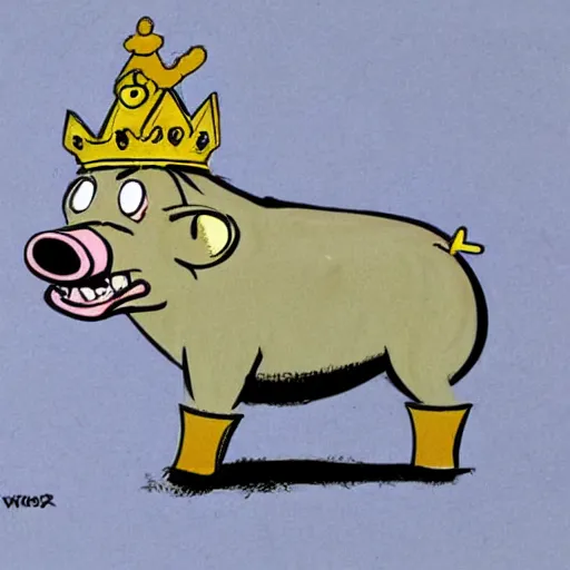 Image similar to concept sketches of a pig wearing a gold crown by Bill Watterson, in the style of 1970s cartoons