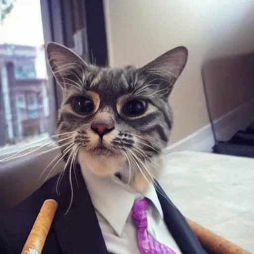 Image similar to cat wearing a suit smoking a cigar