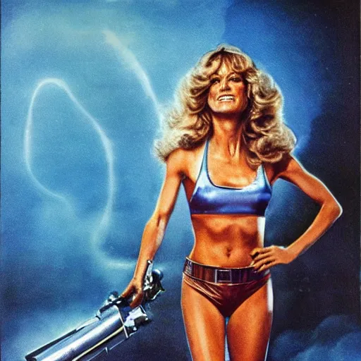 Prompt: movie still, 1 9 7 0 s, sci - fi farrah fawcett in combat suit, hyperdetailed, by tarkovskij, blue lights