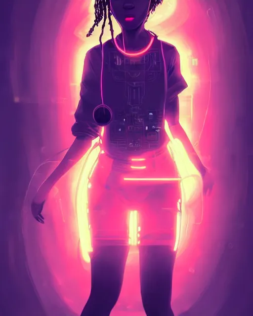 Image similar to kyoto animation, cool african lady wearing cyberpunk intricate warcore, neon lighting tubes, beautiful, detailed portrait, cell shaded, 4 k, concept art, by wlop, ilya kuvshinov, artgerm, krenz cushart, greg rutkowski, pixiv. cinematic dramatic atmosphere, sharp focus, volumetric lighting, cinematic lighting, studio quality