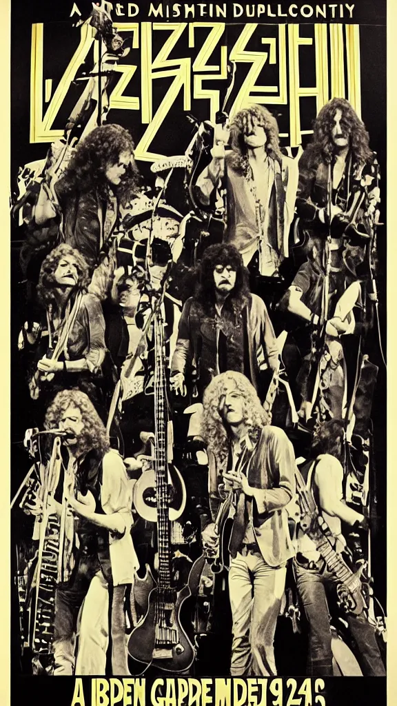 Image similar to Led Zeppelin concert poster circa 1974, Madison Square Garden, colorized, Robert plant, Jimmy Page, guitars, drum kit