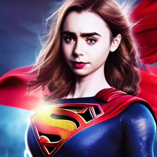 Image similar to a potrait of Lily Collins as Supergirl with man of steel suit style by Greg Rutkowski, Sung Choi, Mitchell Mohrhauser, Maciej Kuciara, Johnson Ting, Maxim Verehin, Peter Konig, 8k photorealistic, cinematic lighting, HD, high details, dramatic, trending on artstation, full body shot