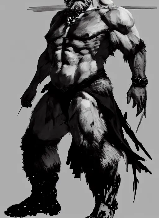 Image similar to Full body portrait of an old muscular man with white hair and black beard wearing bear skin. In style of Yoji Shinkawa and Hyung-tae Kim, trending on ArtStation, dark fantasy, great composition, concept art, highly detailed.