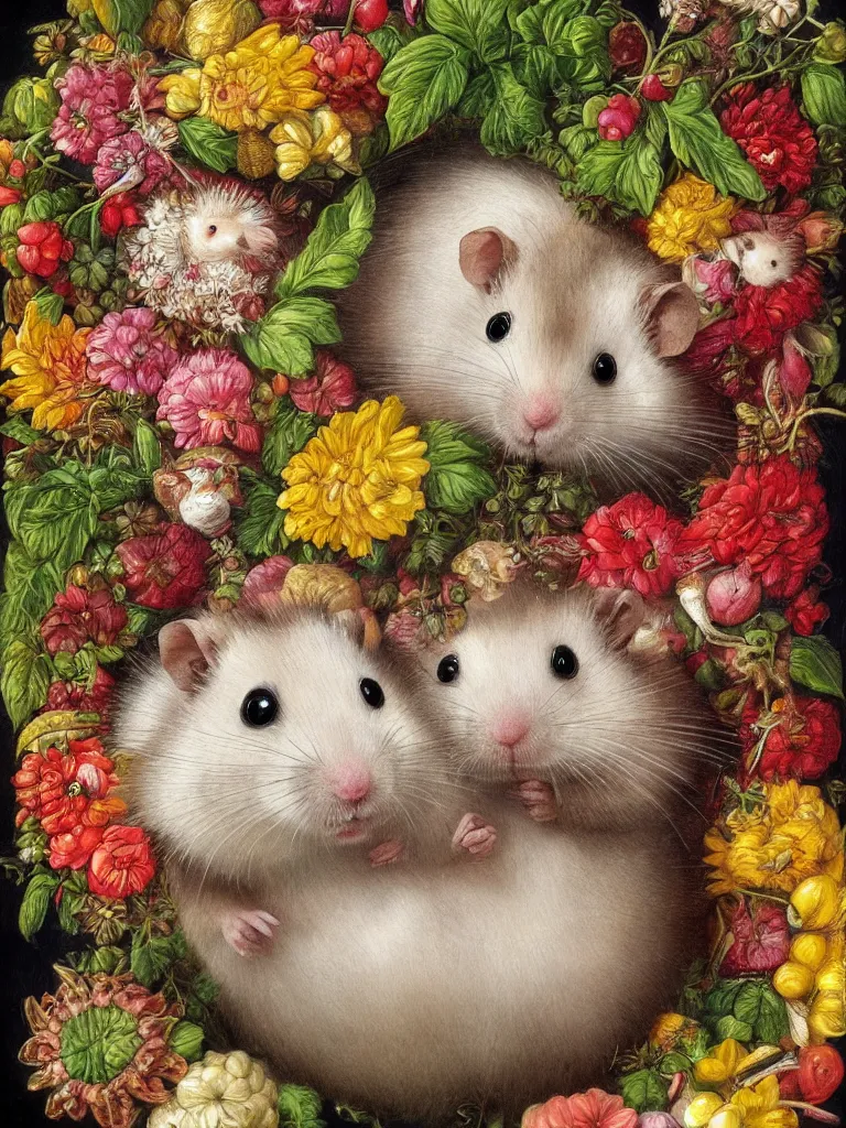 Image similar to Highly detailed cute hamster in the style of Guiseppe Arcimboldo, sharp, masterpiece, artstation