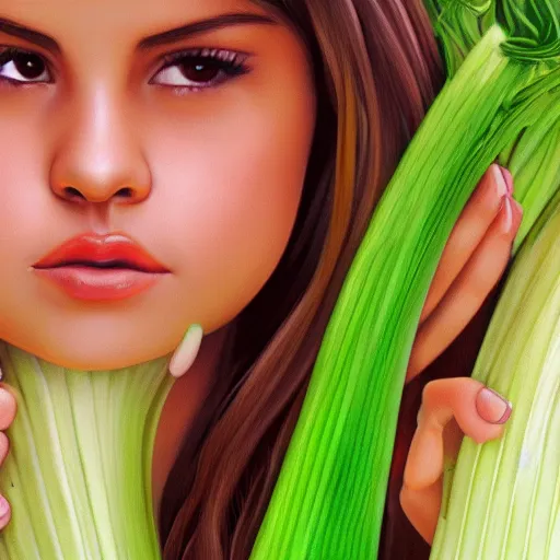 Image similar to photorealistic digital painting of selena gomez as celery, hd, artstation, 4 k wallpaper