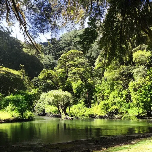 Prompt: From the pa we pulled up the Waiwhetu River, which there had lofty Rimu trees on its banks. The various bends were very beautiful and secluded, and seemed to be the home of the grey duck and teal, and numerous other wild fowl. Here and there, on the bank, was a patch of cultivation, and the luxuriant growth of potatoes, taros, and. Kumara, indicated the richness of the soil. As seen from the ship, or the hills, a lofty pine wood appeared to occupy the whole breadth and length of the Hutt Valley, broken only by the stream and its stony margin. This wood commenced about a mile from the sea, the intervening space being a sandy flat and a flax marsh. About the Lower Hutt and the Taita, it required a good axe-man to clear in a day a space large enough to pitch a tent upon. New Zealand. Drone photo. Sunset, misty, wilderness.