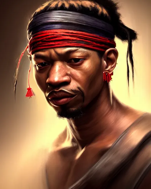 Image similar to face portrait of young allen iverson as a muscular ronin samurai, wearing a haori, by wlop and peter mohrbacher, dramatic action pose, extremely detailed shading, concept art, digital painting, trending on artstation, unreal engine 5, octane render, atmosphere, glow, cinematic lighting, full of color