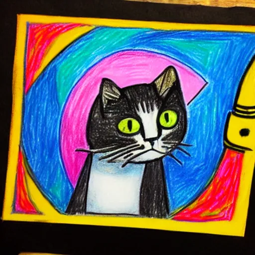 Image similar to An oil pastel drawing of an annoyed cat in a spaceship