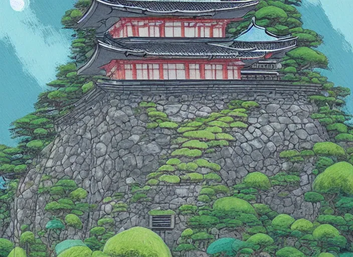 Image similar to japanese fortress in a city inside the forest by studio ghibli painting