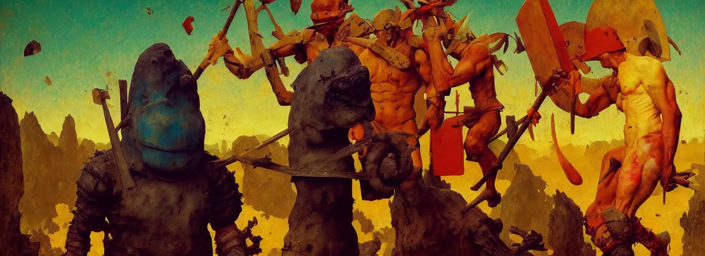 Image similar to full - body portrait surreal colorful clay fighting artstation rpg barbarian character concept art anatomy, action pose, very coherent and colorful high contrast masterpiece by norman rockwell franz sedlacek hieronymus bosch dean ellis simon stalenhag rene magritte gediminas pranckevicius, dark shadows, sunny day, hard lighting, reference sheet white! background