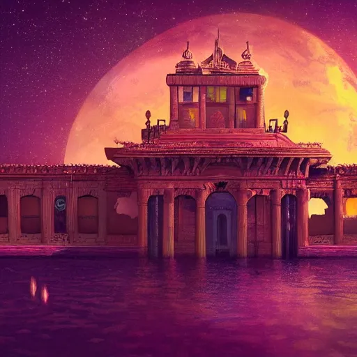 Image similar to ancient palace floating in the space, retrowave epic art, trending on art station