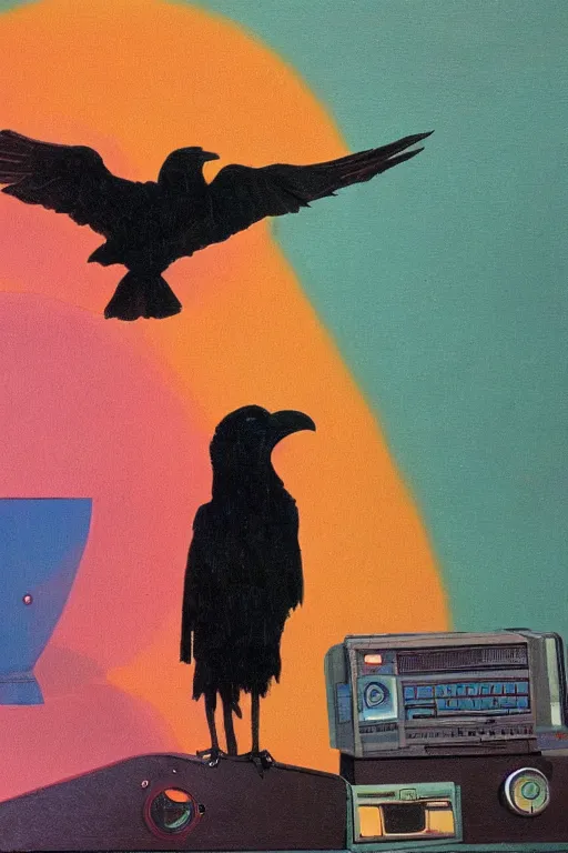 Image similar to a raven standing amongst 8 0 s era technology, vintage shapes, retro technology, dreamy color, wayne barlow, oil on canvas, deep depth of field, masterpiece, cinematic composition, hyperdetailed