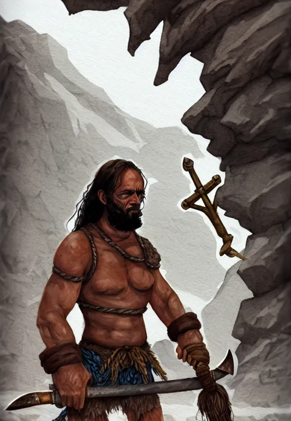 Image similar to a solitary randy savage with an anchor slung over his shoulder alone in a rocky desolate wasteland | portrair | fantasy watercolour painting | middle earth | pathfinder | artstation | conan | darksun | d & d dungeons and dragons | barbarian