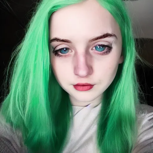 Image similar to a pale girl with green hair, soft facial features, looking directly at the camera, neutral expression, instagram picture