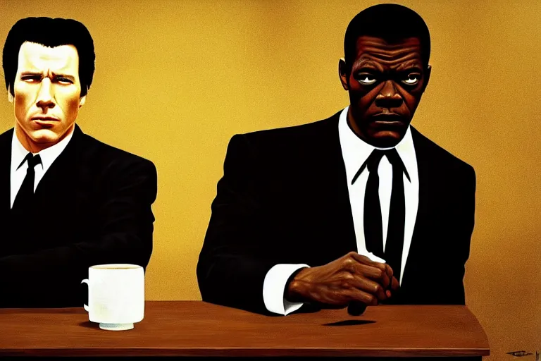 Prompt: painting pulp fiction movie highly detailed full - body samuel l jackson and john travolta posing in cafe, by david lynch, twin peaks, perfect symmetrical eyes, 8 k resolution, digital art, hyper realistic